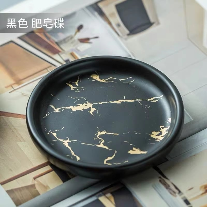 Creative Gilded Marbled Ceramic Soap Dish Toilet Storage Tray Luxury round Ceramic Soap Dish Bathroom Accessories Sponge Holder