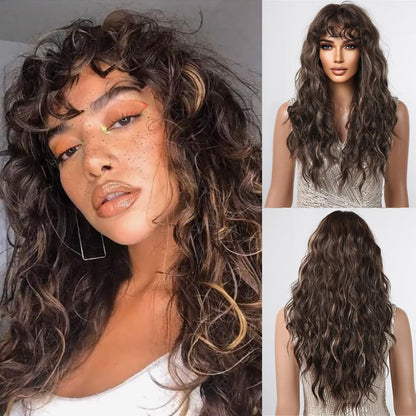 Long Brown Wigs Human Hair for Women, Body Wave Wig with Bangs, Glueless Breathable Capless Lightweight Tangle Free Natural Look for Daily Use Party (Highlight Brown,24 Inch)