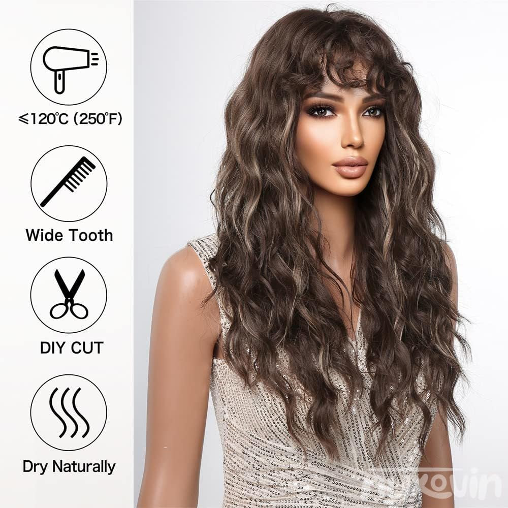 Long Brown Wigs Human Hair for Women, Body Wave Wig with Bangs, Glueless Breathable Capless Lightweight Tangle Free Natural Look for Daily Use Party (Highlight Brown,24 Inch)