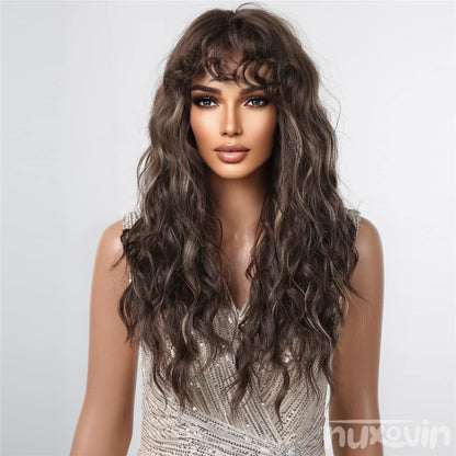 Long Brown Wigs Human Hair for Women, Body Wave Wig with Bangs, Glueless Breathable Capless Lightweight Tangle Free Natural Look for Daily Use Party (Highlight Brown,24 Inch)