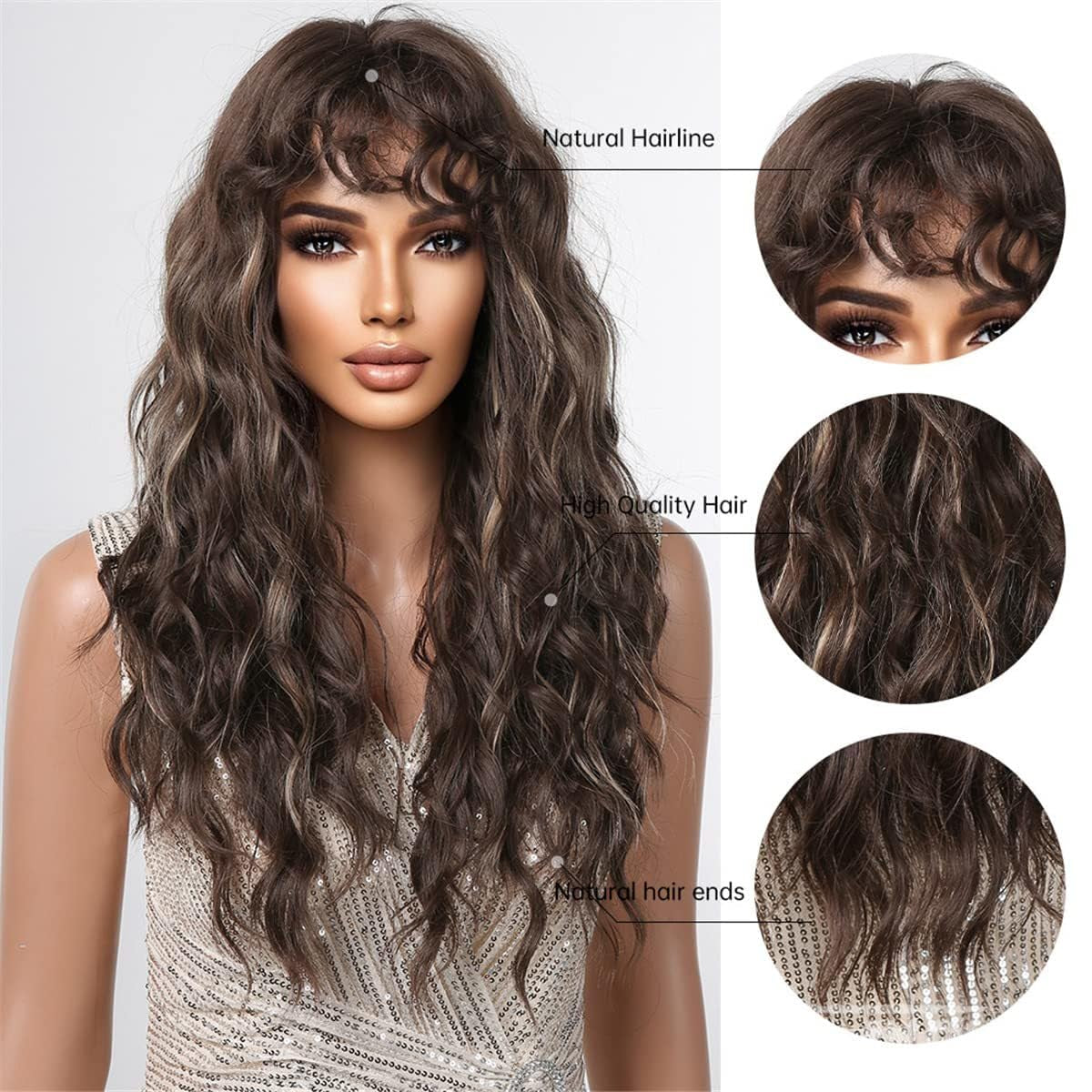 Long Brown Wigs Human Hair for Women, Body Wave Wig with Bangs, Glueless Breathable Capless Lightweight Tangle Free Natural Look for Daily Use Party (Highlight Brown,24 Inch)