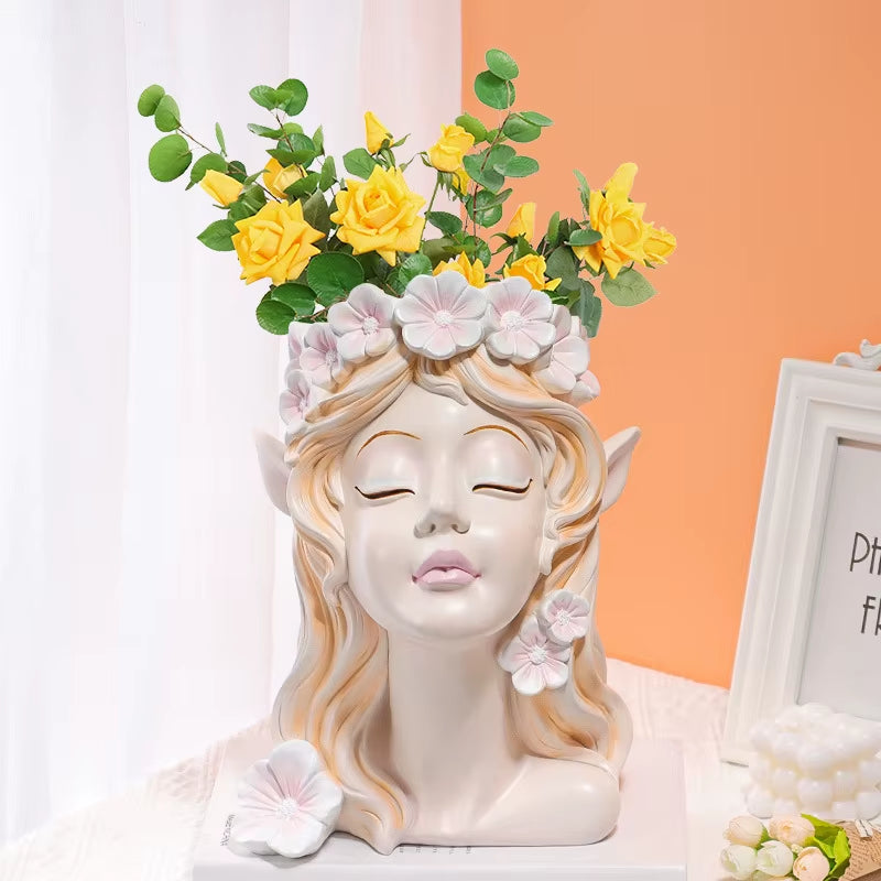 Nordic Resin Vase Flower Fairy Angel Human Head Abstract Half Body Arrangement Human Face Modern Home Decoration